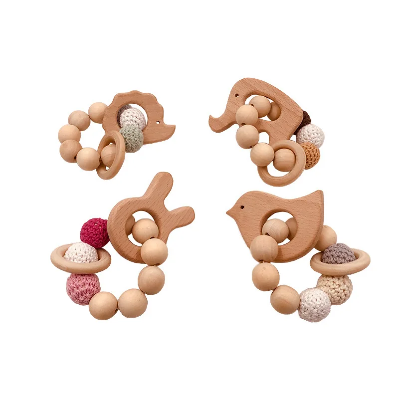 2pcs Baby Toys Teether Wooden Rattles Bracelet Pacifier Chain Rodent Beading Beech Musical Newborn Bear Bed Bell Food Grade