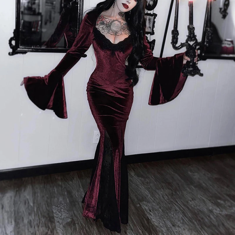 

Goth Dark Vampire Mall Gothic Elegant Evening Dresses Witch Grunge Punk Long Mermaid Dress Women Flare Sleeve Velvet Alt Clothes