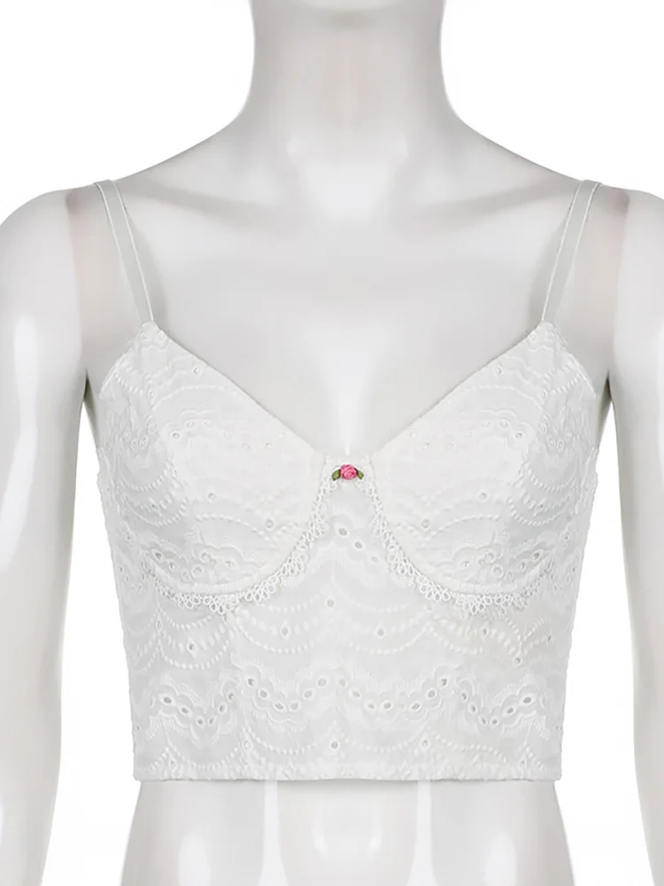 

ALLNeon Kawaii Y2K Fashion Back Zipper Trim White Slip Tops Cute 2000s Streetwear Spaghetti Strap V-neck Bustier Top Women Sexy