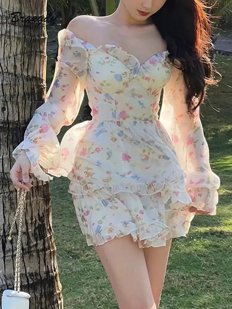 

Floral Women's Summer Dress Bohemian Smock Mini Beach Long Sleeve Sundress Square Collar Ruffle Vestidos 2022 New Vestido