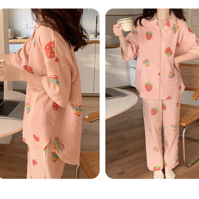 Women Pyjamas Summer Cool Feeling Cotton Short-sleeve Cardigan Trousers Thin Homewear Sweet and Cute Style Sleepwear Loungewear
