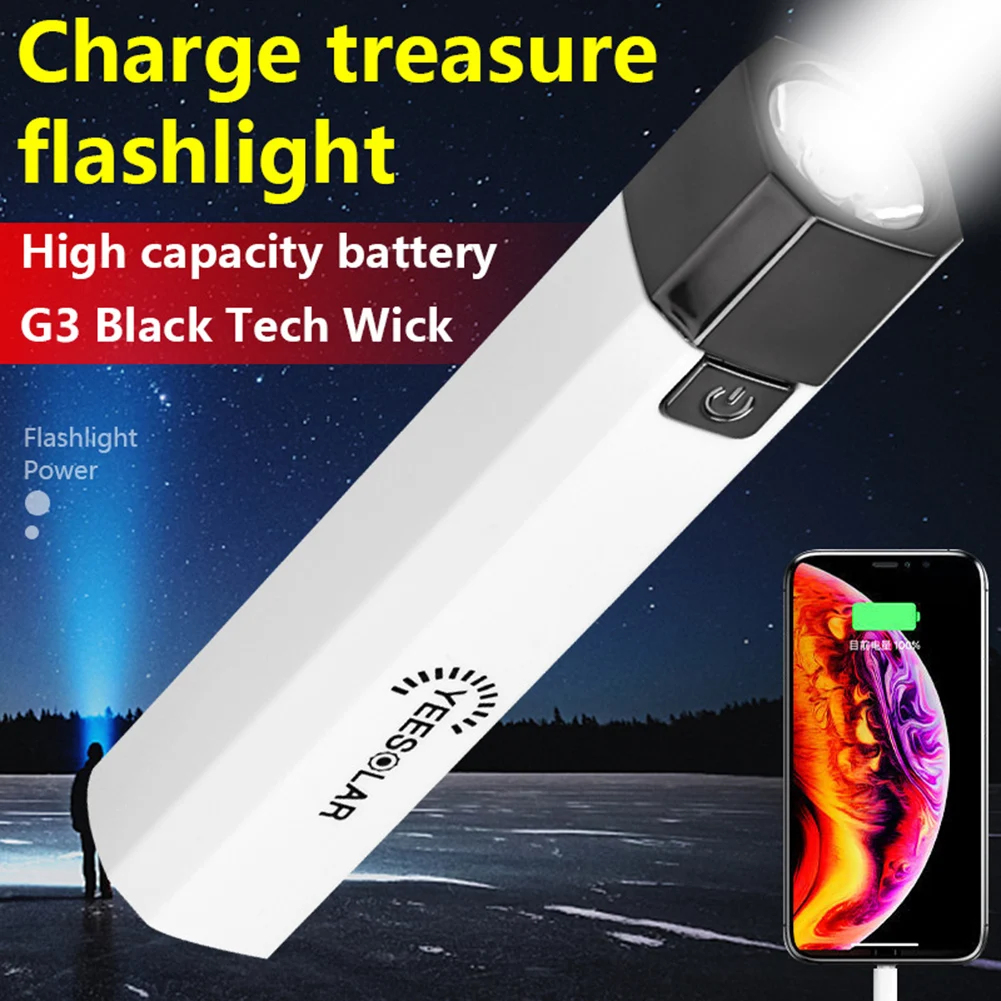 

LED Mini Flashlight Torch Emergency Power Bank IP65 Waterproof Hiking Flashlight 100LM 3 Gears USB Charging Outdoor Lighting