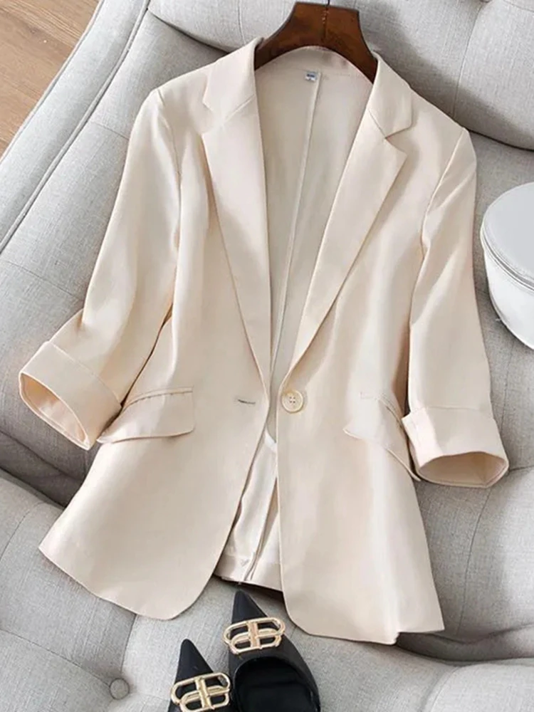 

Fashion Apricot Suit Jacket Women's Clothing Spring Autumn 2022 New Casual Three-quarter Sleeve Summer Blazers Suits jp41