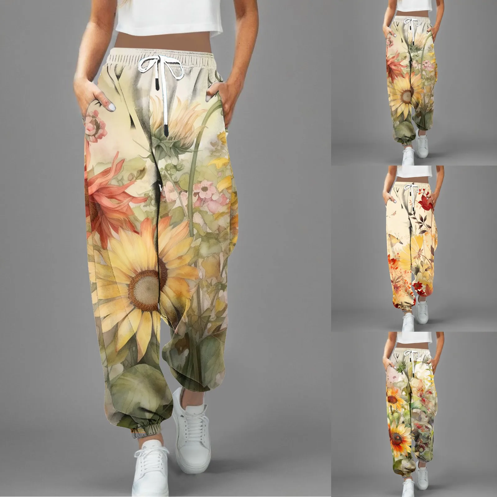 

Женские брюки с принтом подсолнуха повседневные уличные Y2k брюки винтажные спортивные брюки свободная Женская одежда Спортивные мешковатые брюки со шнуровкой