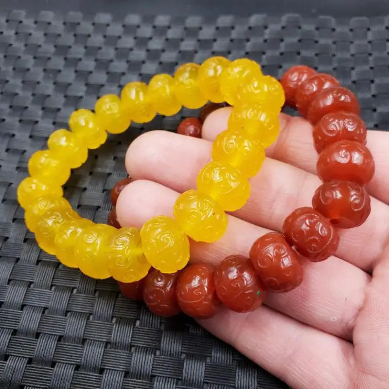 

Natural Yellow Chalcedony Bracelet Hand-carved Exquisite Pattern Carnelian Beads Elastic Dzi Amulet Bracelets Men Women Jewelry