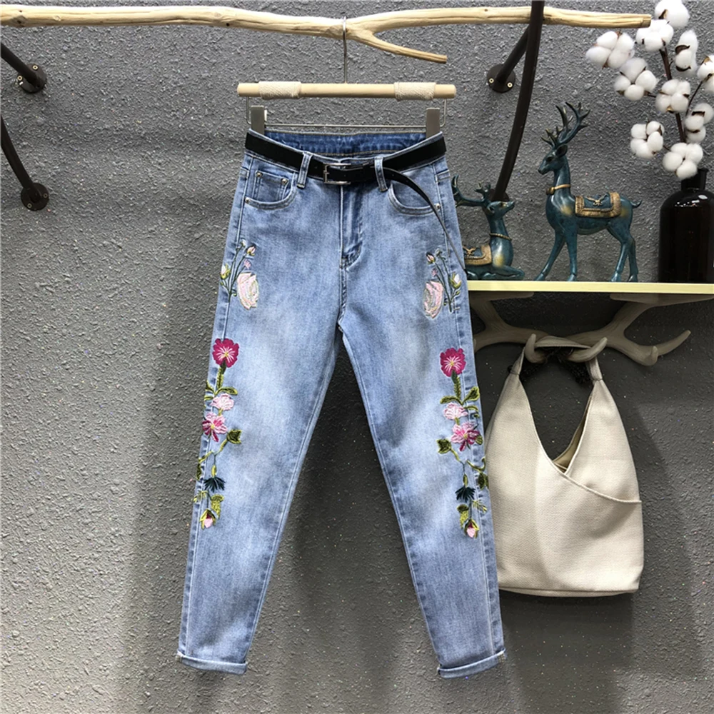 

Flowers Embroidery Carrot Jeans Women New Spring High Waist Loose Casual Denim Harem Pants