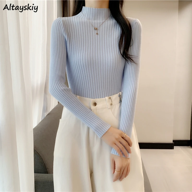 

Pullovers Women Long-sleeve Half High Collar Korean Style Slim Knitted Sweaters Solid Simple Harajuku Multicolors Basic Inside