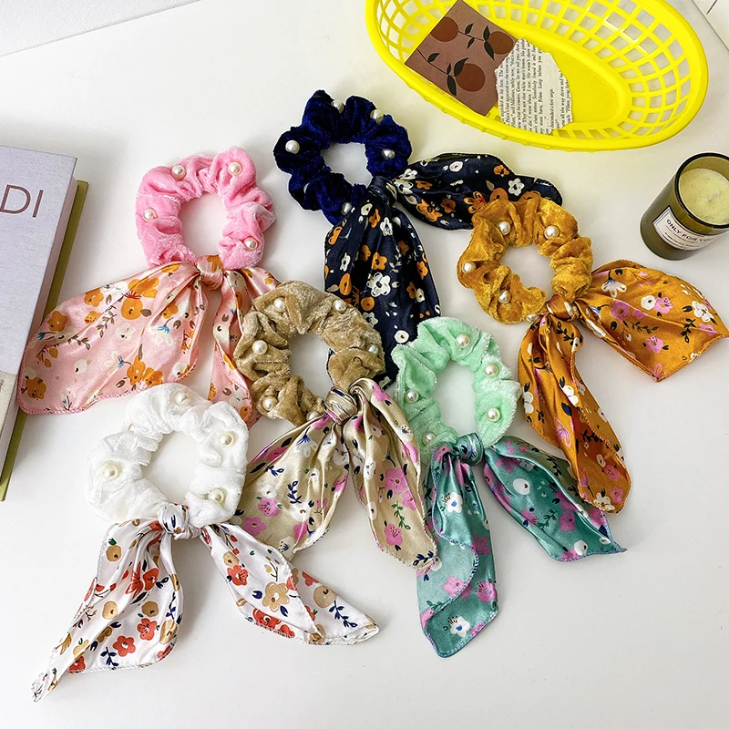 

Factory Hot Selling Flannel Headband Small Flower Printed Hair Scrunchies With Ribbon