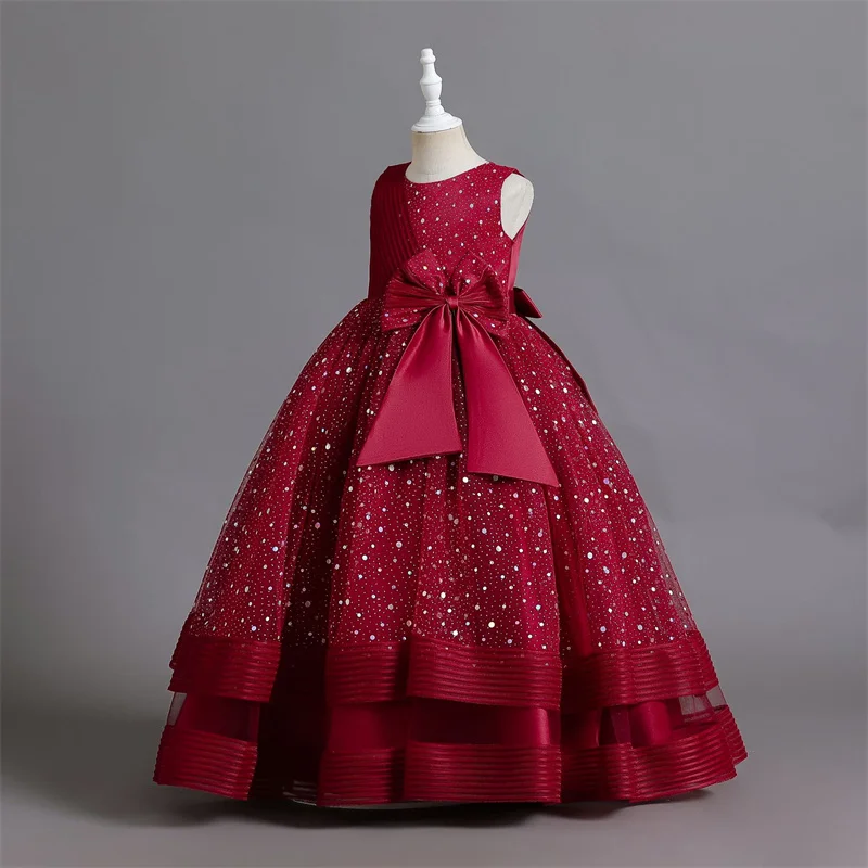 

2023 Kids Girl Princess Ball Gown Children Sequined Sleeveless Tulle Long Dress Infant Girls Prom Costume Piano Performance Wear