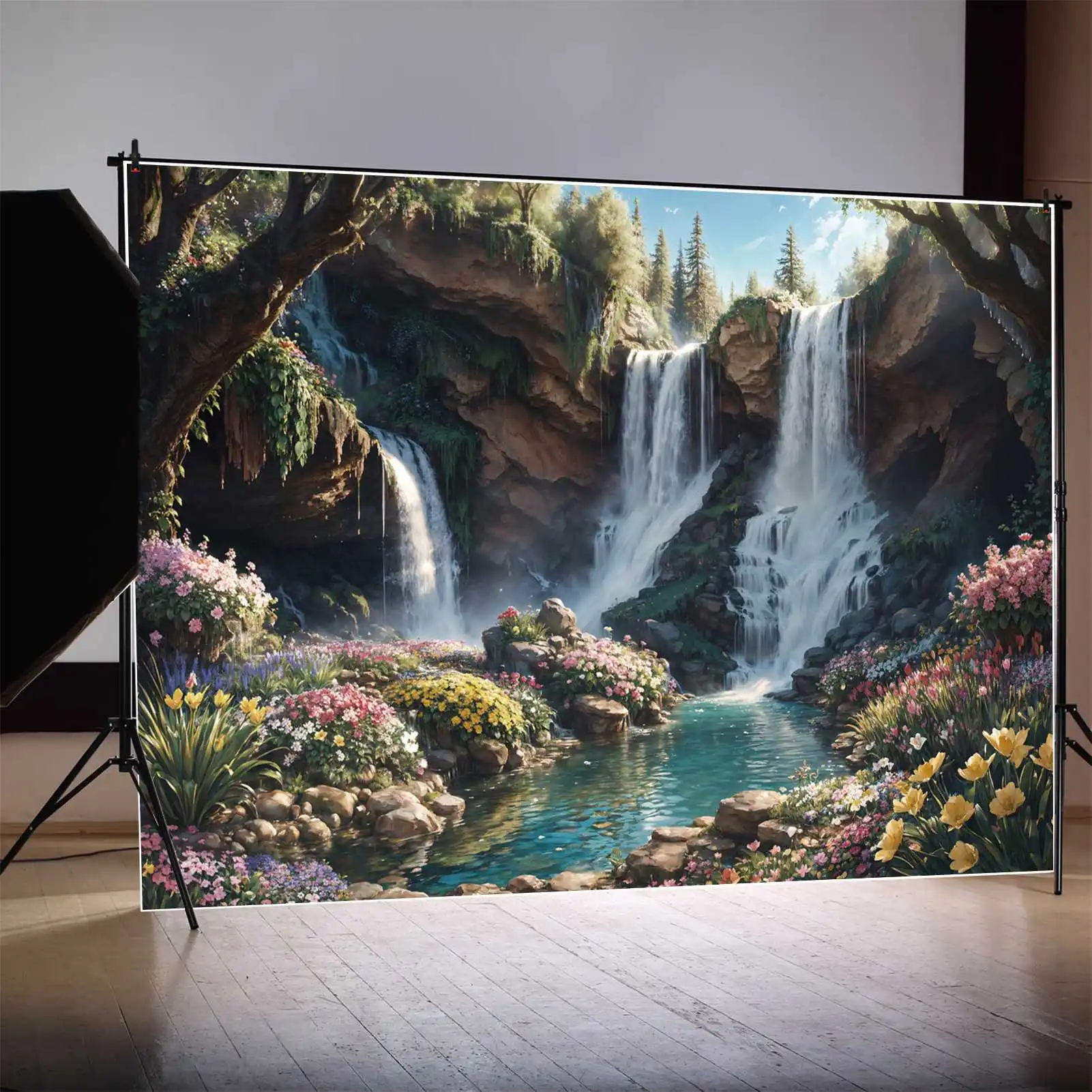 

Waterfall Lakes Party Photography Backdrops Decor Children Mountains Forest Trees Custom Children Photo Backgrounds Banners