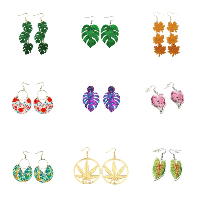 

Leave Acrylic Earrings For Women Long Fashion Colorful Print Plants Trendy Personality Jewelry