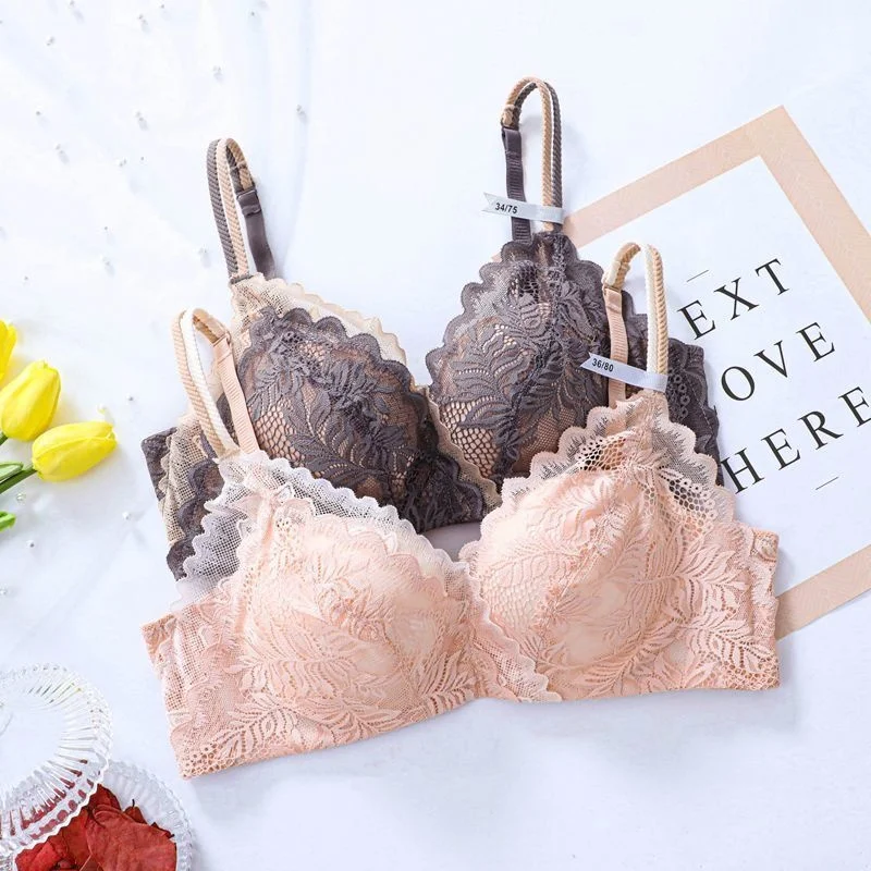 

Sexy Lace No Steel Ring Underwear Women's Gathered Adjustable Bra Thickened Breast Closure Lace Bra Set