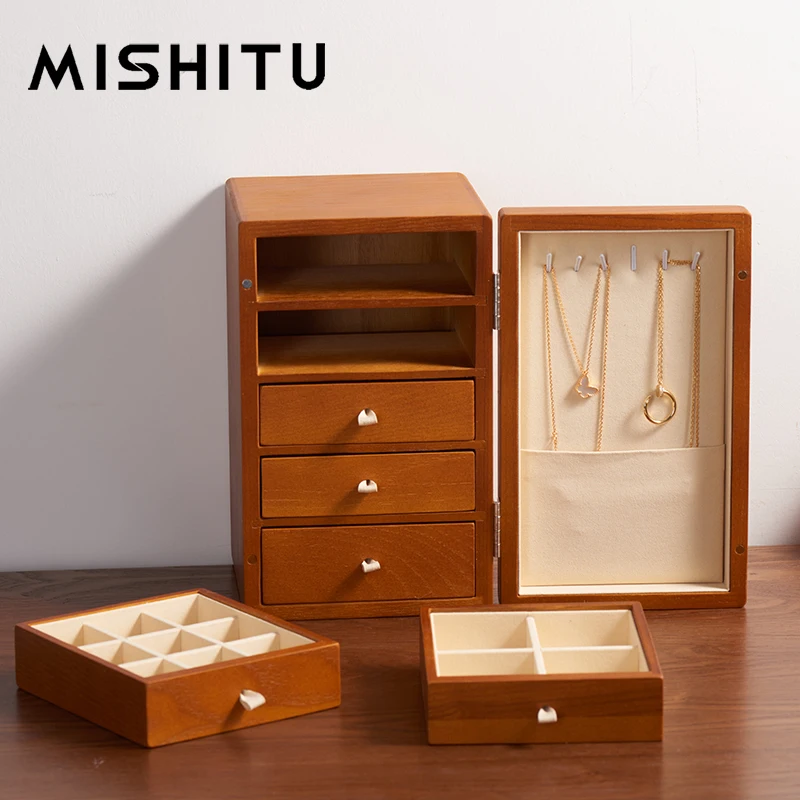 

MISHITU Newly 5 Layers Wooden&Microfiber Jewelry Organizer Box Bracelet Display Stands Ring Watch Storagecase