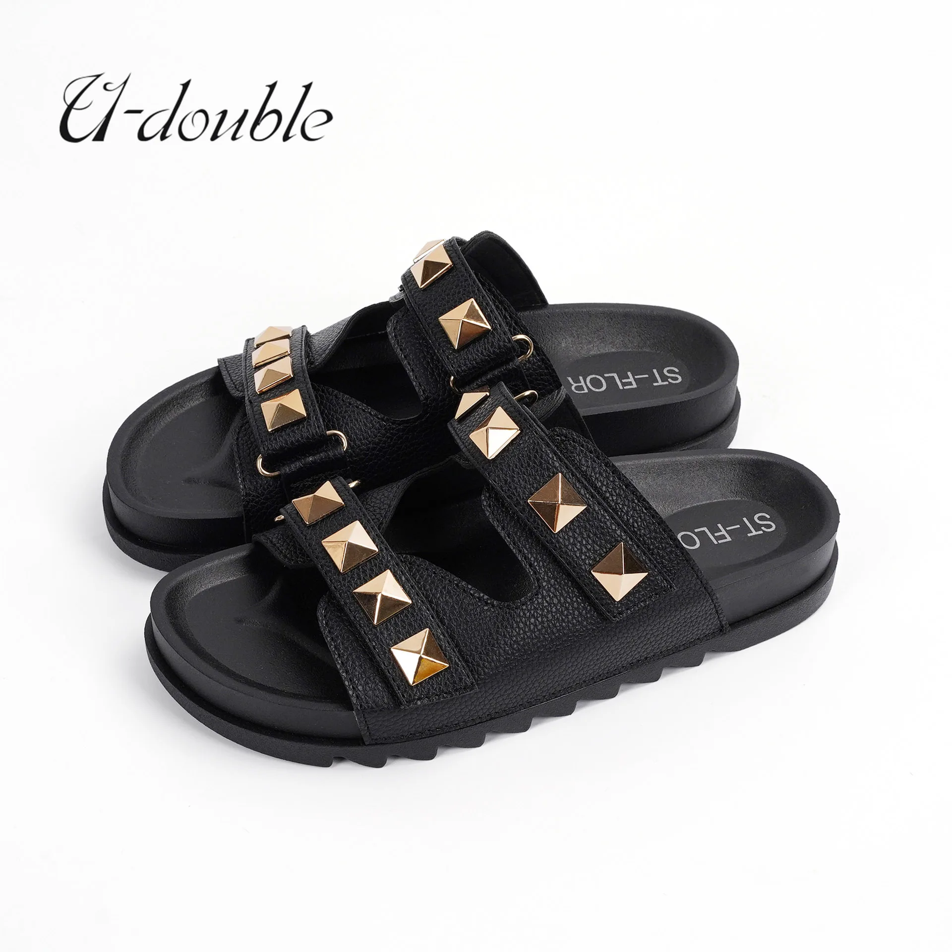 

Summer Punk Rock Wome Slippers Rivets Platform Leather Mules Creative Metal Fittings Female Casual Sandals Shoe Slides 2023