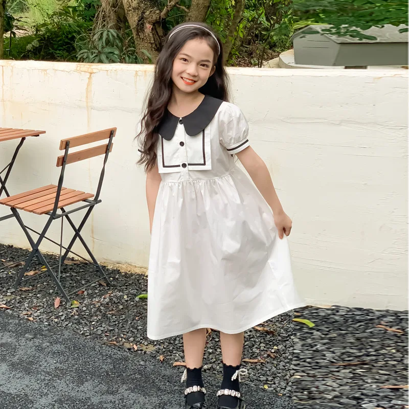 

Girls Doll Collar Dress Cute Puff Short Sleeve Kids Princess Dress 2023 Summer Sweet Little Girl Casual Clothing Cotton, #7355