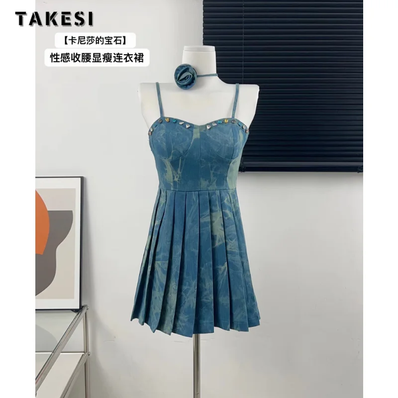 Women Hotsweet Slim Fit 3D Floral Deocration Blue Denim Suspender Dresses 2023 Summer Clubwear High Waist Sexy Y2K Sheath Dress