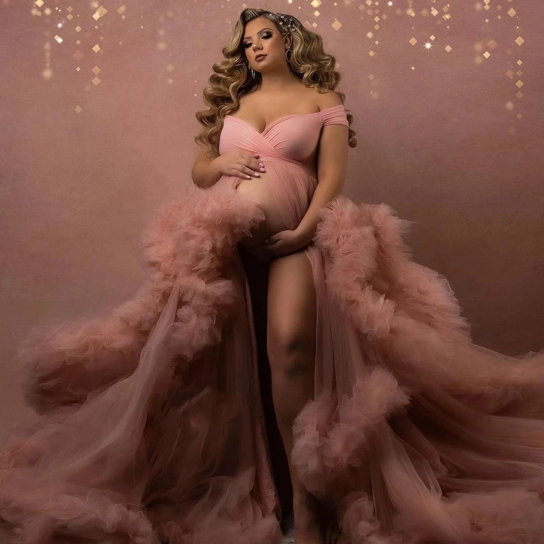 

A-line Off The Shoulder Pregnant Women Photo Shoot Robes Tulle Ruffles Maternity Robe Women Dress Baby Shower Gowns Photography