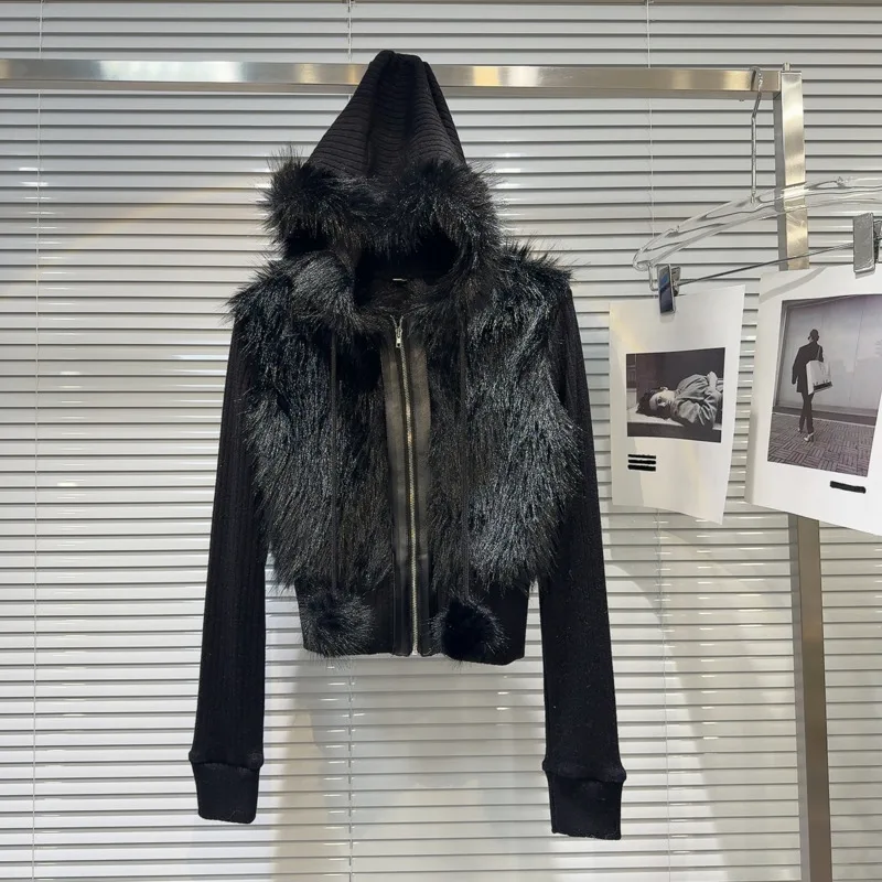 DEAT женские свитера черного цвета с капюшоном в стиле пэчворк плюшевый вязаный