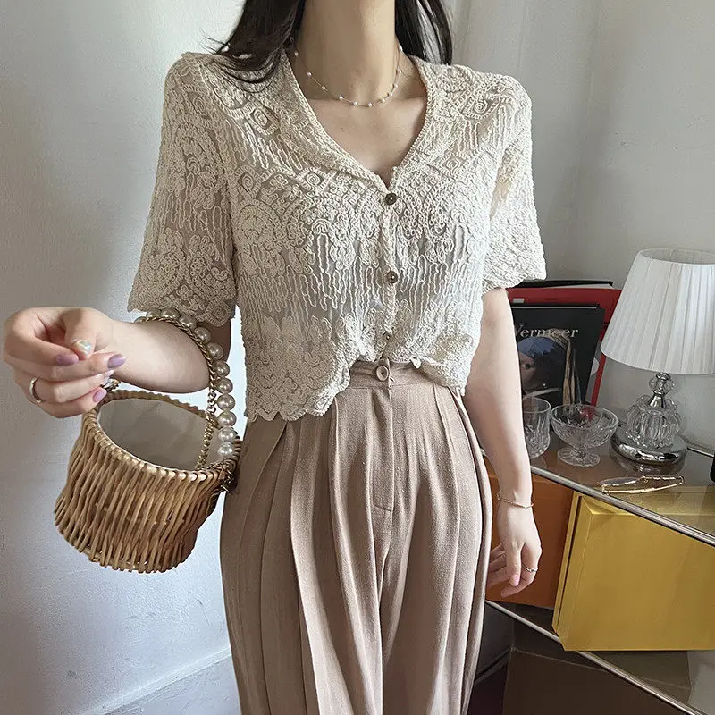 Модная элегантная кружевная блузка на пуговицах в Корейском стиле женская