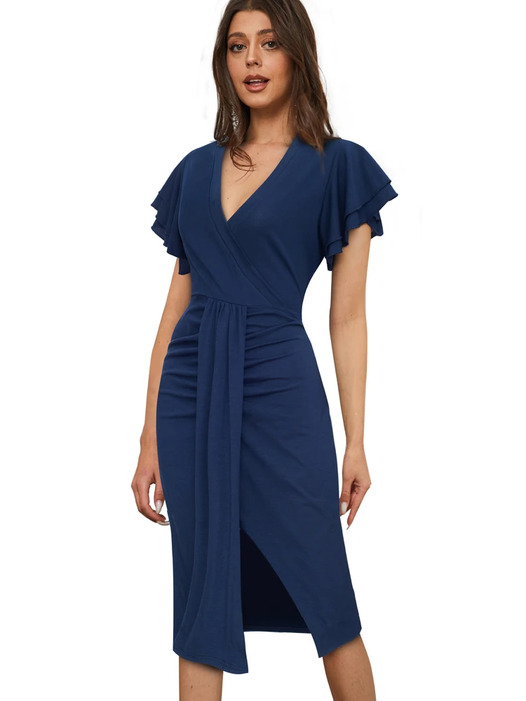 Женское платье с оборками Nice-forever элегантное винтажное деловое облегающее низким