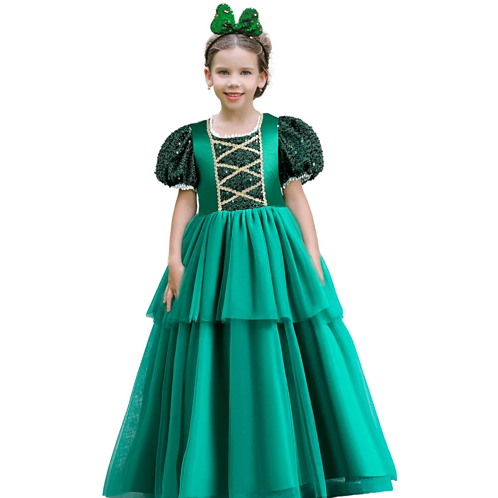 

Girls Long Tulle Sequin One Shoulder Layered Evening Dress Princess Applique Dinner Formal Dress Vintage Pageant Lace Flower Wed