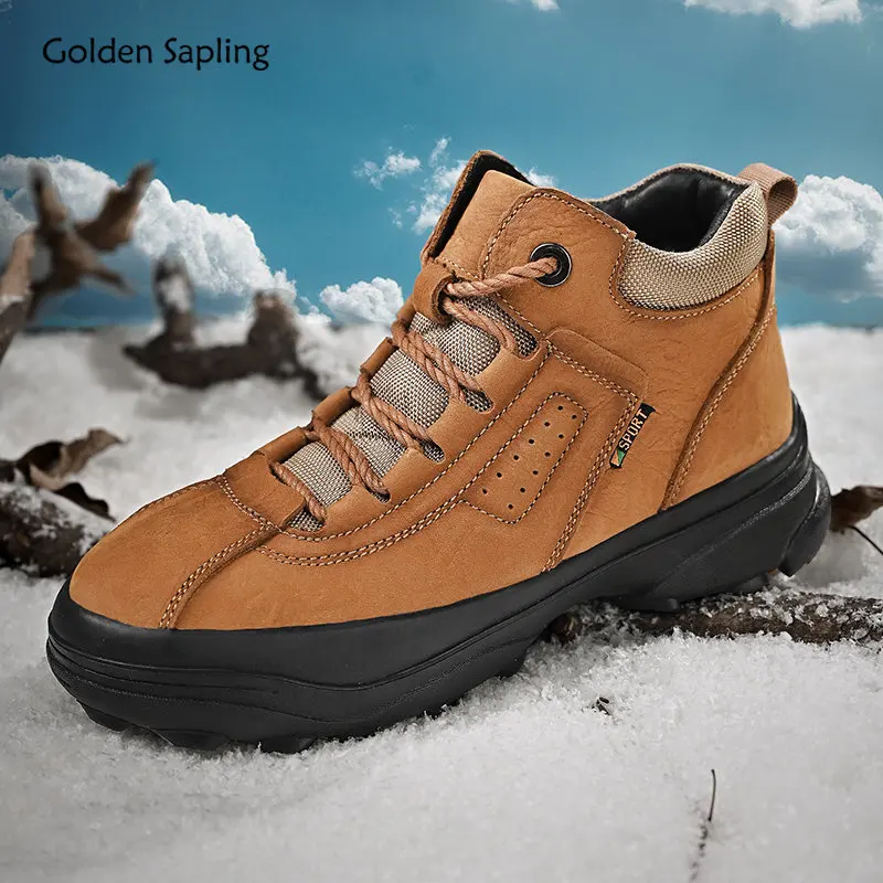 Golden Sapling Winter Boots Men Genuine Leather Shoes Comfortable Men's Mountain Boot Retro Footwear Classics Platform Shoes Men