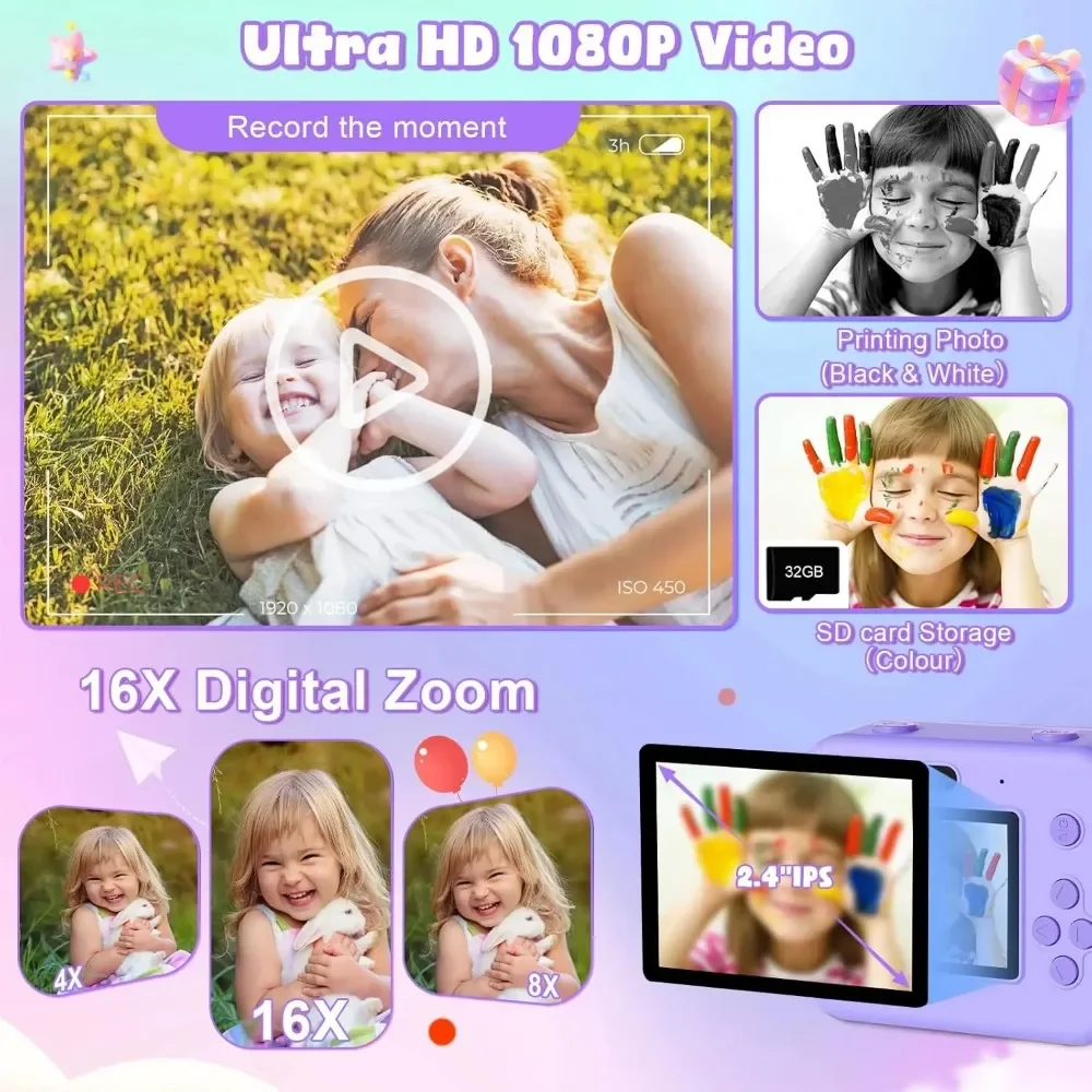 Фото Детская мини-цифровая видеокамера 1080P, обучающая тепловизионная камера с мгновенной печатью и картой 32G для развития обучения детей №5
