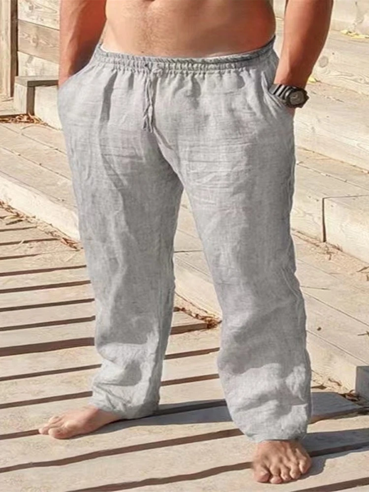 

Summer Casual Mens Solid Cotton Linen Pants 2022 New Mid Waist Drawstring Design Loose Straight Trousers Men Fashion Long Pant