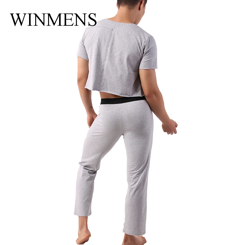 Men's Cotton Pajama Set Youth Midriff-baring Tops+Long Pants Loungewear Male Comfortable Homewear Causual Clothing For Gym