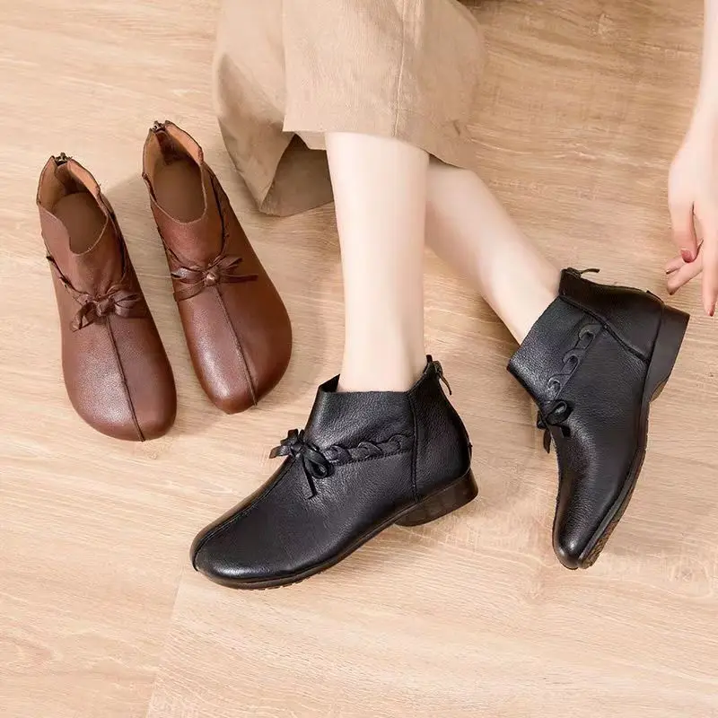 New Woman Retro Wind Chelsea Boots Autumn Leather Soft-Soled Short Boots Footwear Leather Ankle Boots For Female Wedges Boots