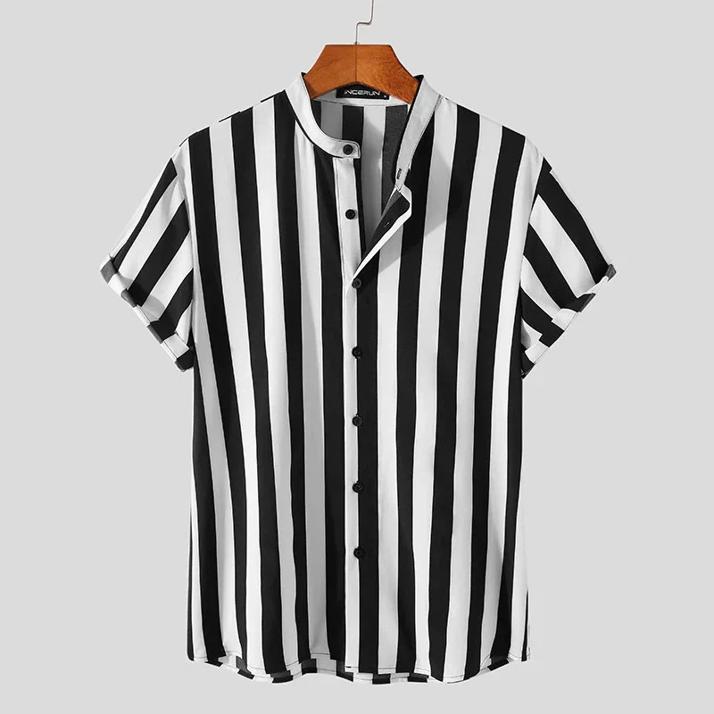 2022 New Men's Striped Shirt Size S-3XL Summer Blouse Black Printing Short-Sleeved Casual Men's Sexy Stand-Up Collar Shirts