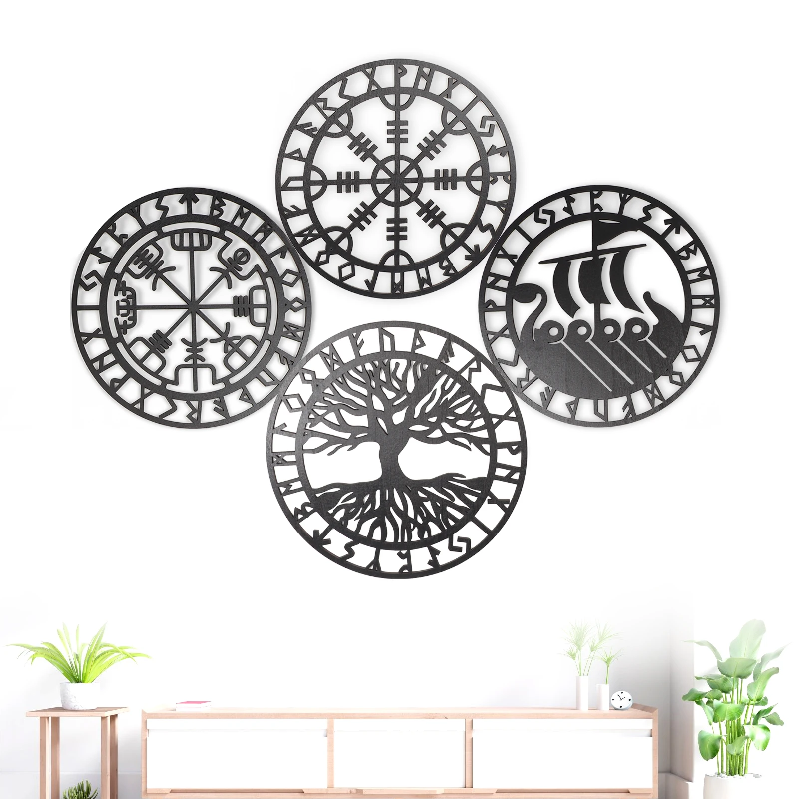 

4 Pcs Viking Decor Wood Viking Art Wall Decor Wood Wall Art Nordic Decor Wall Art DIY Doodling Nordic Rune Amulet Sign For Home