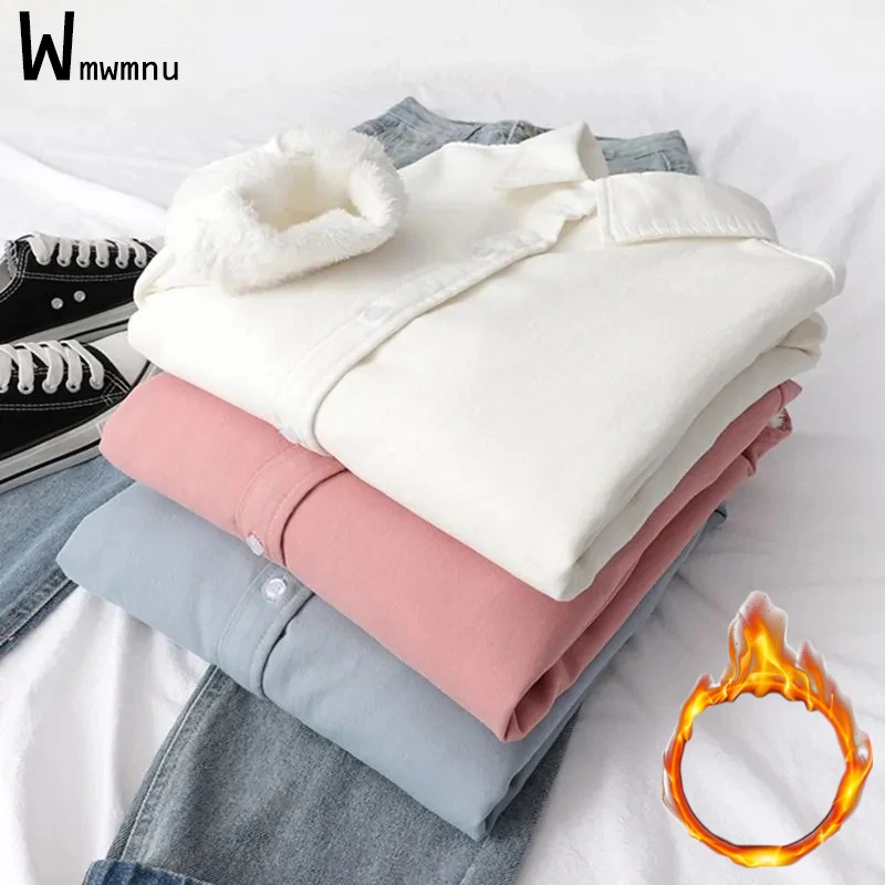 

Women Winter Solid Casual Thicken Warm Shirts Office Lady White Add Velvet Basic Blouse Femme Elegant Full Sleeve Snow Wear Tops