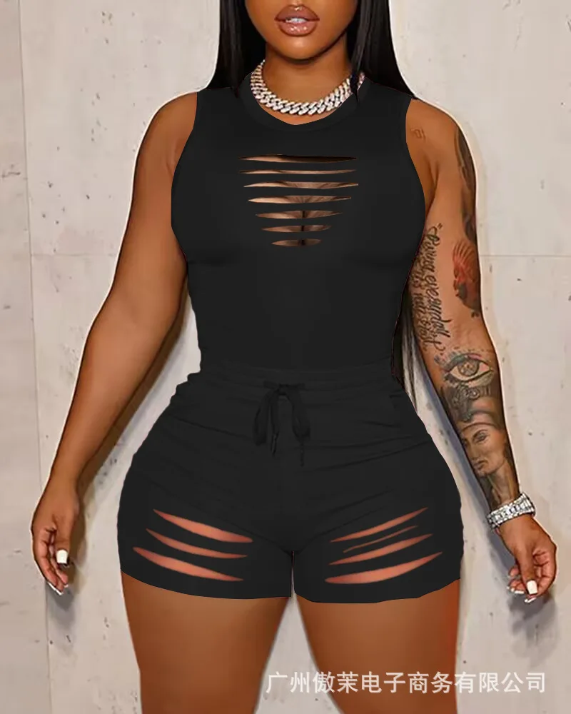 

Ladder Cutout Tank Top & Drawstring Shorts Set Women New Spring Summer Hollow Out Short Sleeve T Shirt Tee High Waist Shorts