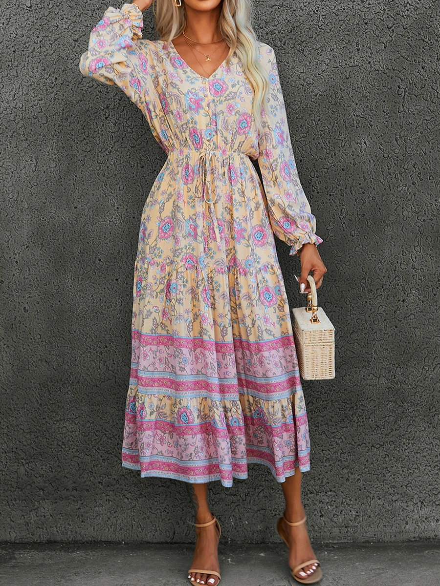 

Женское богемное платье с длинным рукавом, V-образным вырезом