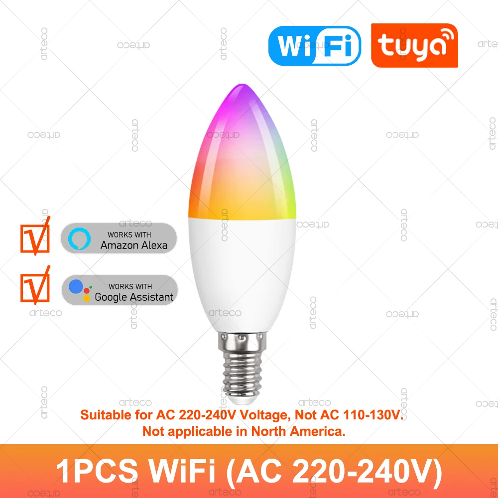 

Tuya E14 Светодиодная лампа-свеча Wi-Fi RGB+CW 220В