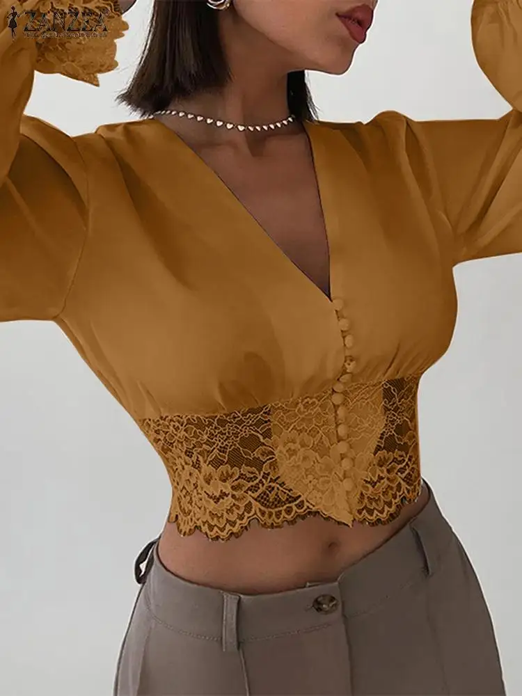 

Модные короткие рубашки ZANZEA с длинными пышными рукавами, сексуальные кружевные комбинированные осенние облегающие блузки с V-образным выре...