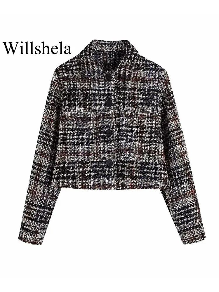 

Willshela Женская мода с карманами текстура плед однобортные куртки винтажные лацканы шеи с длинными рукавами женские шикарные наряды