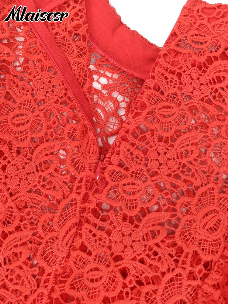 Женское кружевное платье миди Mlaiscsr красное Прозрачное с рукавом 3/4 и нижним