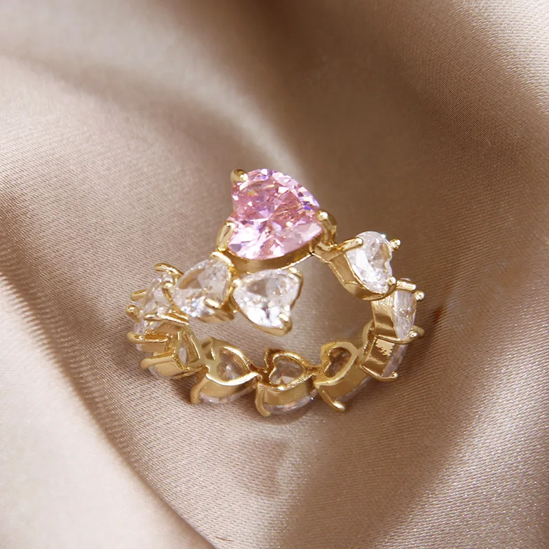 

Fashion Pink Cardiotype Zircon Rings Silvery Color Opening Irregular Ring For Woman Elegant Party Student Jewelry