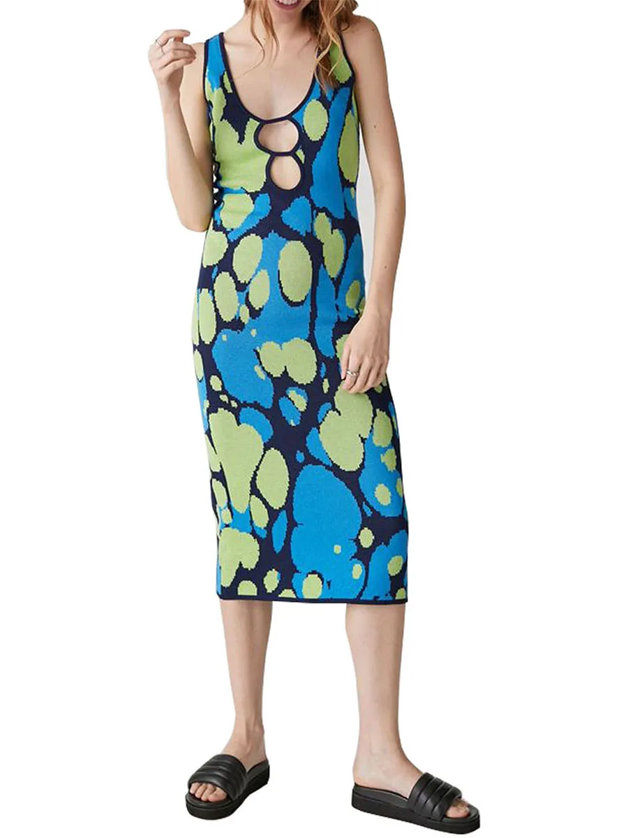 

Women Floral Knit Dress Blue U-Neck Sleeveless Cutout Front Summer Casual Print Slim Fit Midi Dress