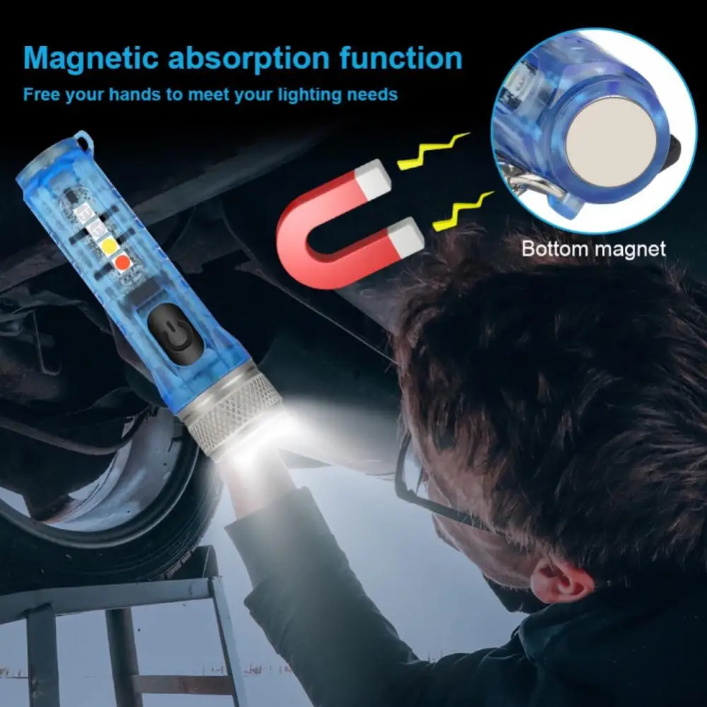 

New Mini Keychain Flashlight Fast Charging Red, Blue And Purple Light Strong Magnetic Warning Lantern Self Defense Llight