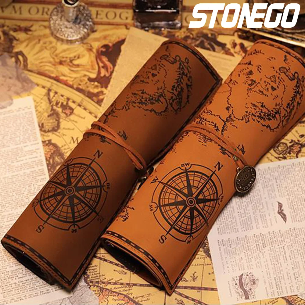Vintage-style Roll Pen Case in Retro Treasure Map Leather Design – STONEGO Retro Pencil Bag Vintage-style Roll Pen Case in Retro Treasure Map Leather Design – STONEGO Retro Pencil Bag