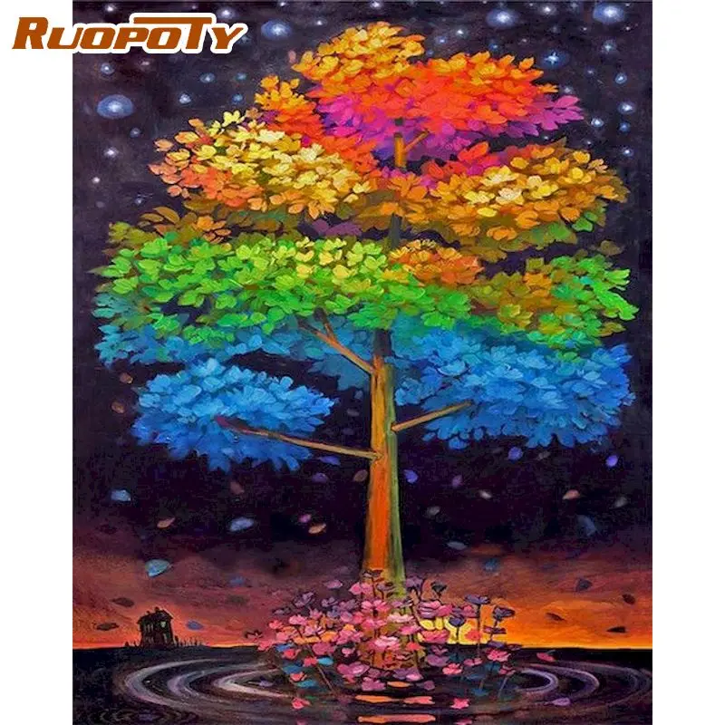 

RUOPOTY Painting By Numbers For Adults Kids 40x50cm Framed Colorful Tree Landscape Oil Picture HandPainted DIY Gift Home Decor