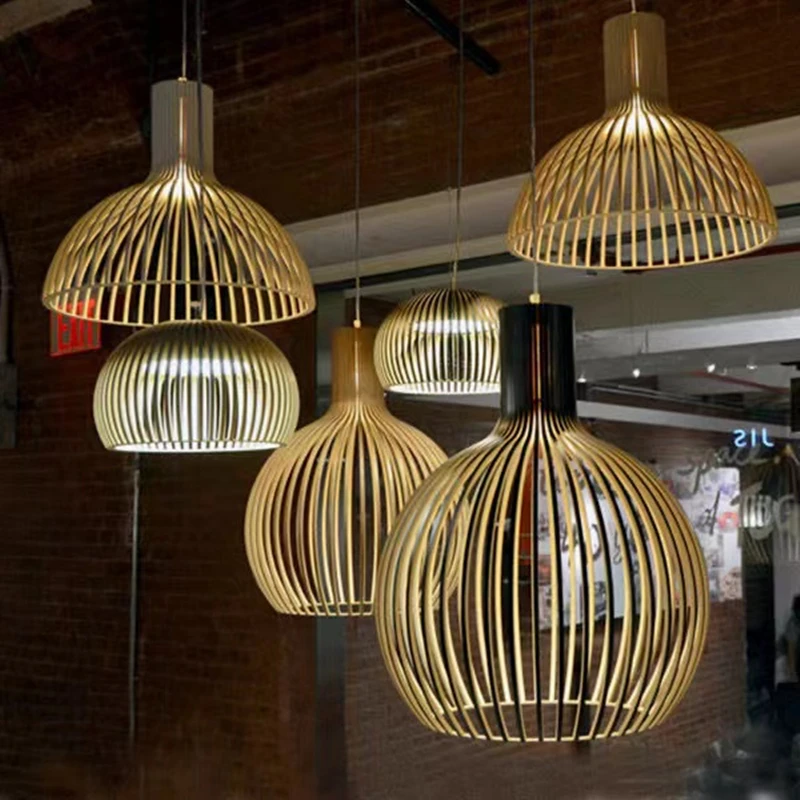 

Modern Wood Bird Cage Lustre Pendant Light Kitchen Chandeliers Wooden for Living Room Indoor Home Decor Hanging Lamp Suspension