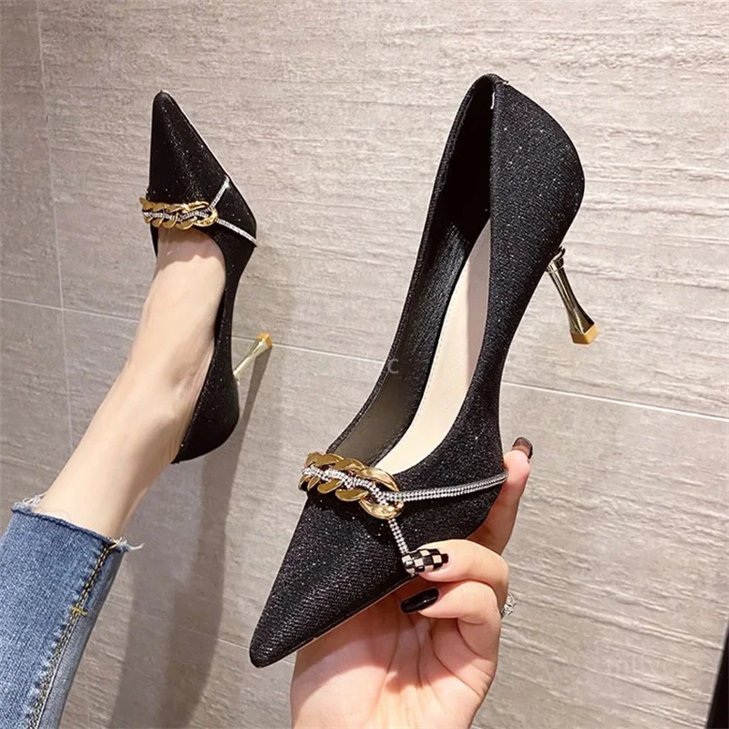 

Champagne high heels women stiletto 2021 new elegant black sequined single shoes metal chain shoes for women heels women shoes