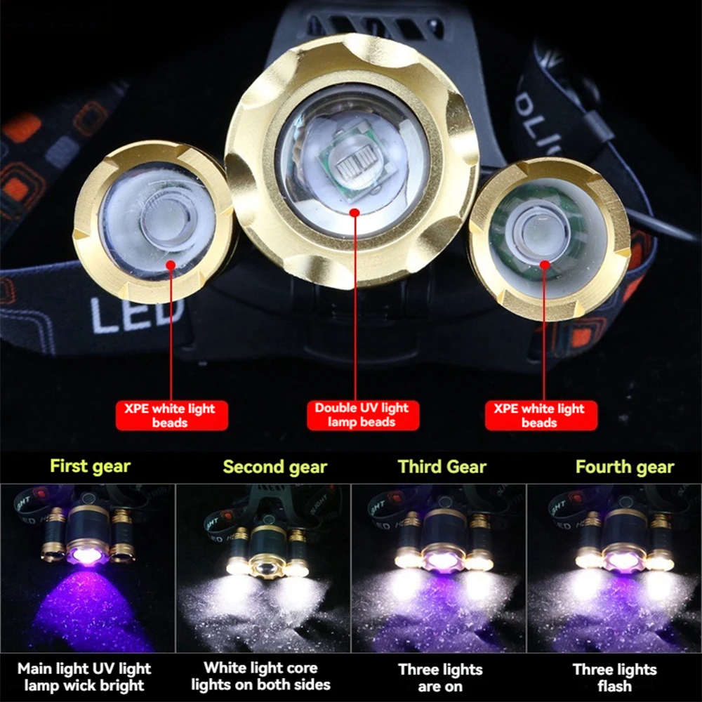 Мощный 3-головочный светодиодный налобный фонарь белый/УФ-свет Скорпион