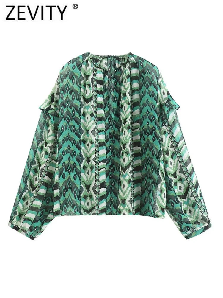 

Zevity Women Vintage V Neck Patchwork Geometric Print Chiffon Smock Blouse Female Ruffles Shirts Chic Chemise Blusas Tops LS3400