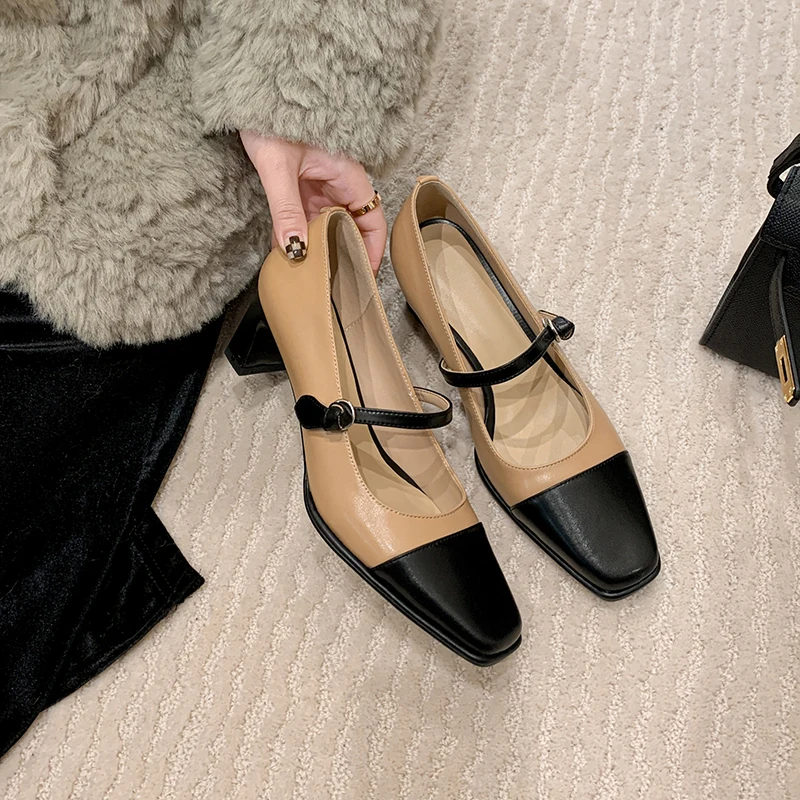 

Real Leather Mix Color Mary Janes Shoes for Women Thick Heels Shallow Spring New Woman Pumps Retro Square Toe Ladies Party Shoes