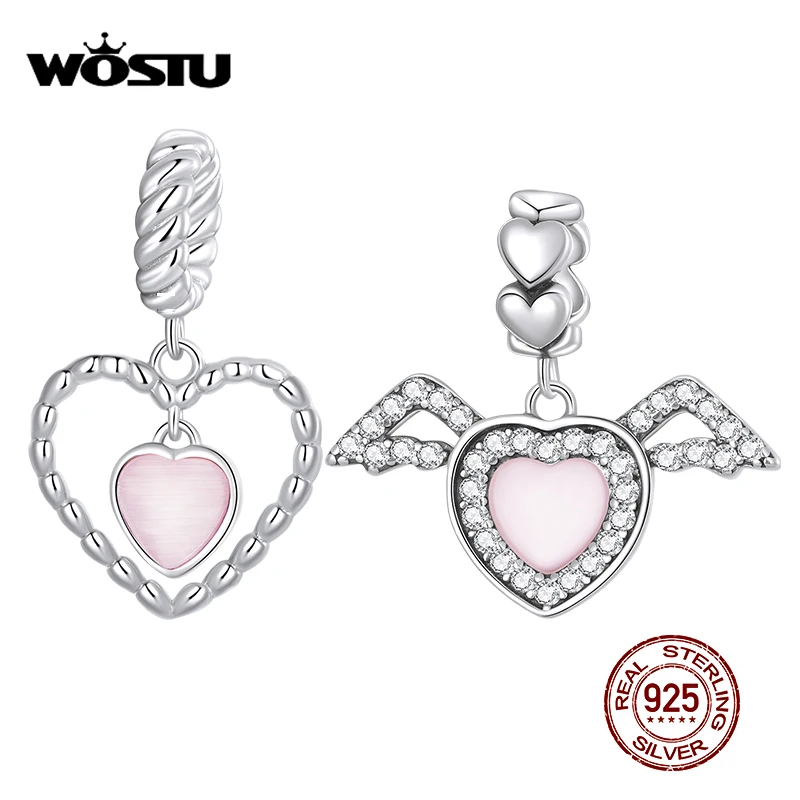 

WOSTU 925 Sterling Silver Double Heart Wing Charm Pink Crystal Beads Fit Original Bracelet For Mother's Day Jewelry Gift CQC2228